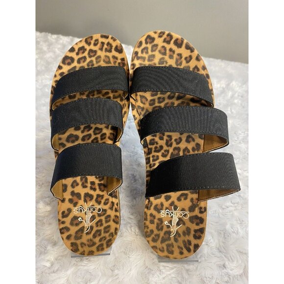 Corkys Flat Sandals Size 7 Black 3 Stretchy Straps Slip On Comfortable - Picture 2 of 6